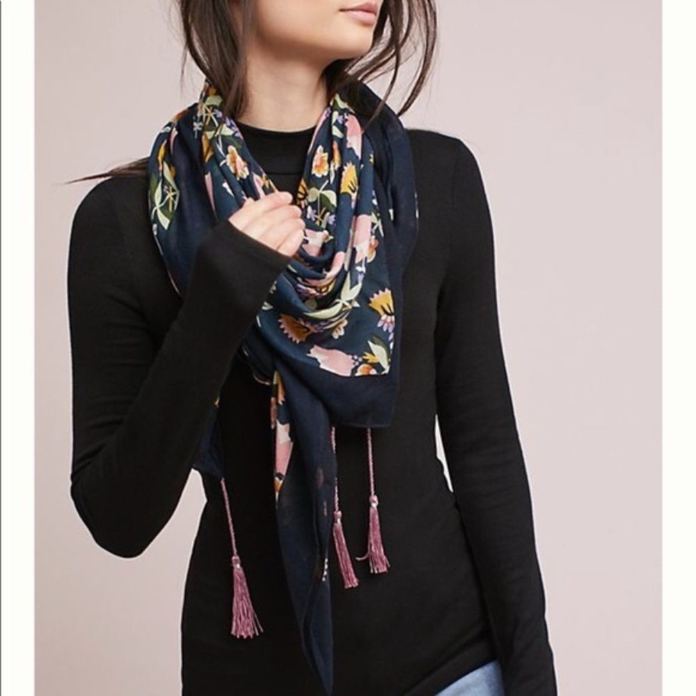 Anthropologie Saachi Floral Tassel Oversized Square Scarf